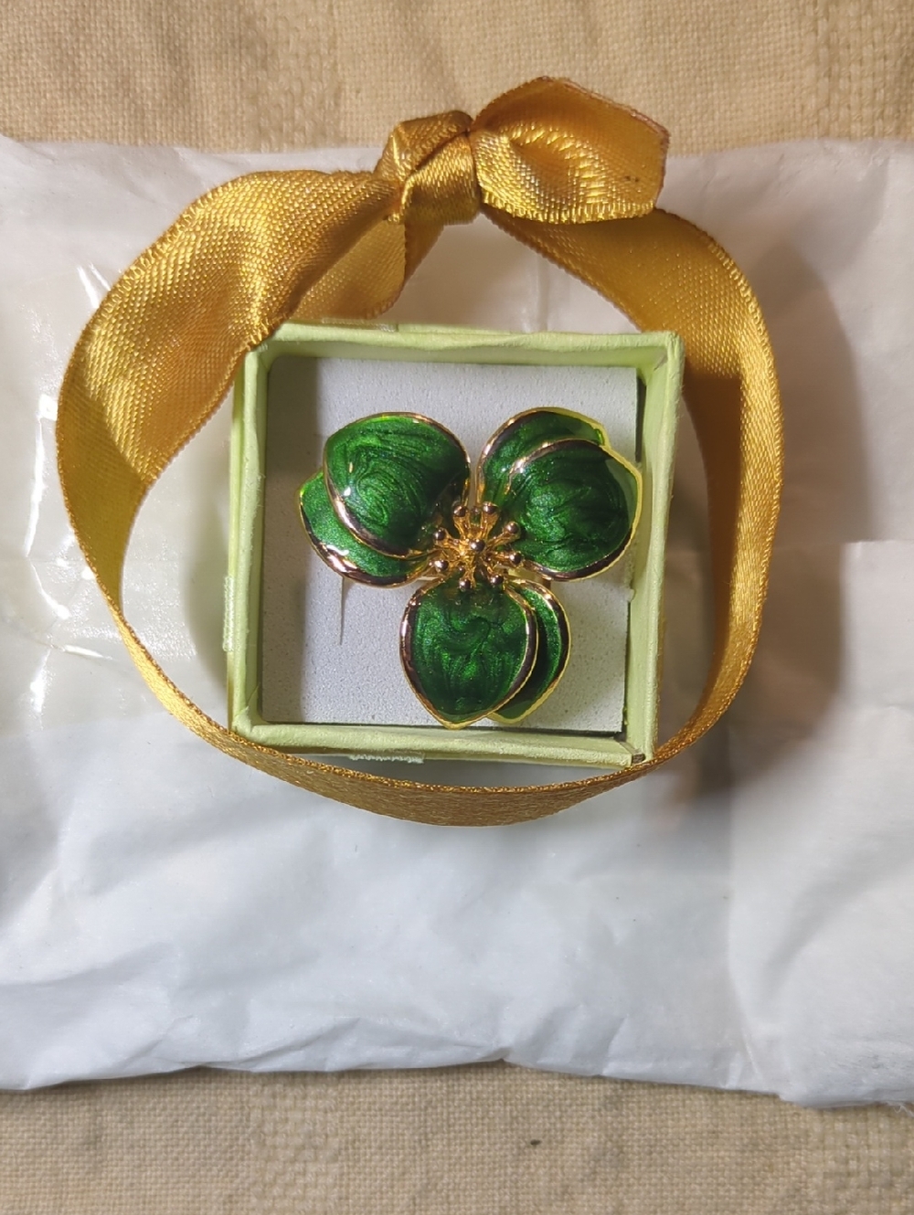 Green Enamel Flower Ring - Gold Accent Special Occasion Ring. $20